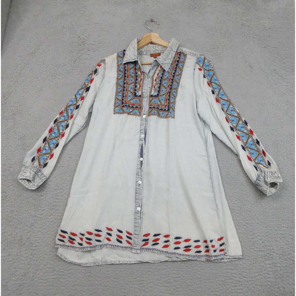 Scully Embroidered Western Shirt Women M Blue Acid Wash Boho Cowgirl Rodeo Ranch